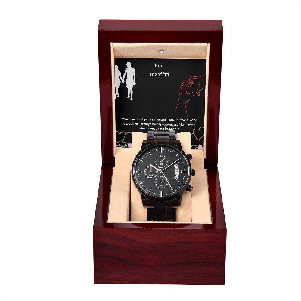 Black Chronograph Watch - A thoughtful present for husband, Dad, Fiance, Boyfriend. Warm his heart with this beautiful piece.