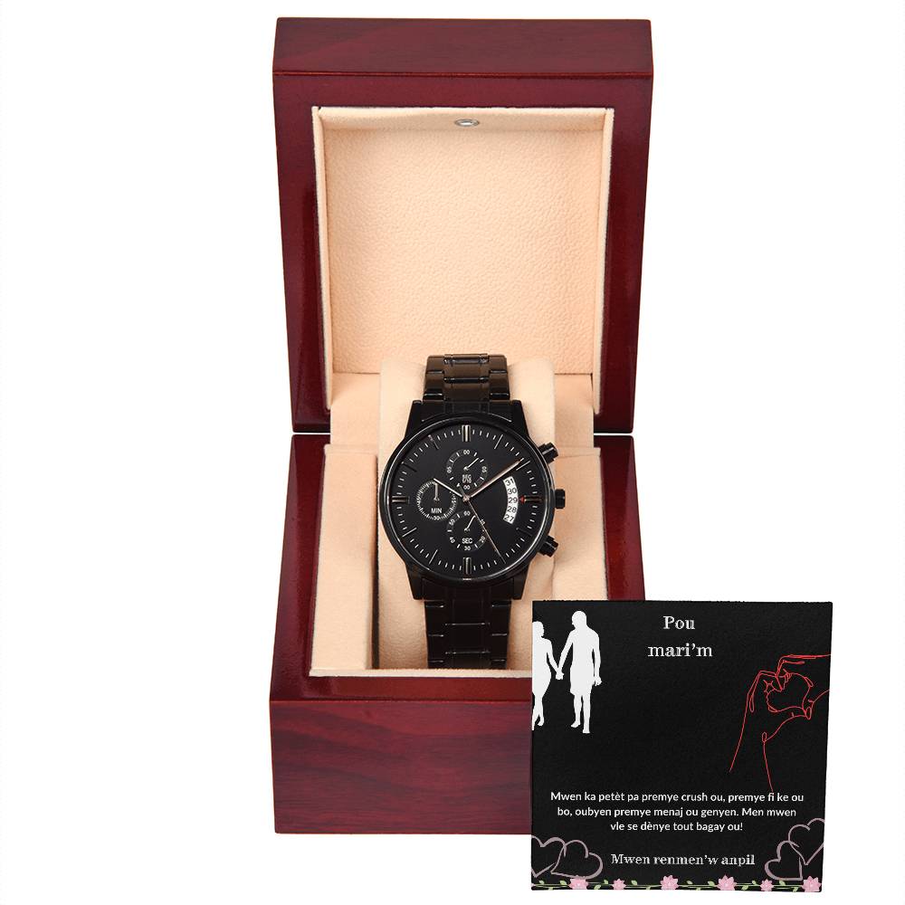 Black Chronograph Watch - A thoughtful present for husband, Dad, Fiance, Boyfriend. Warm his heart with this beautiful piece.