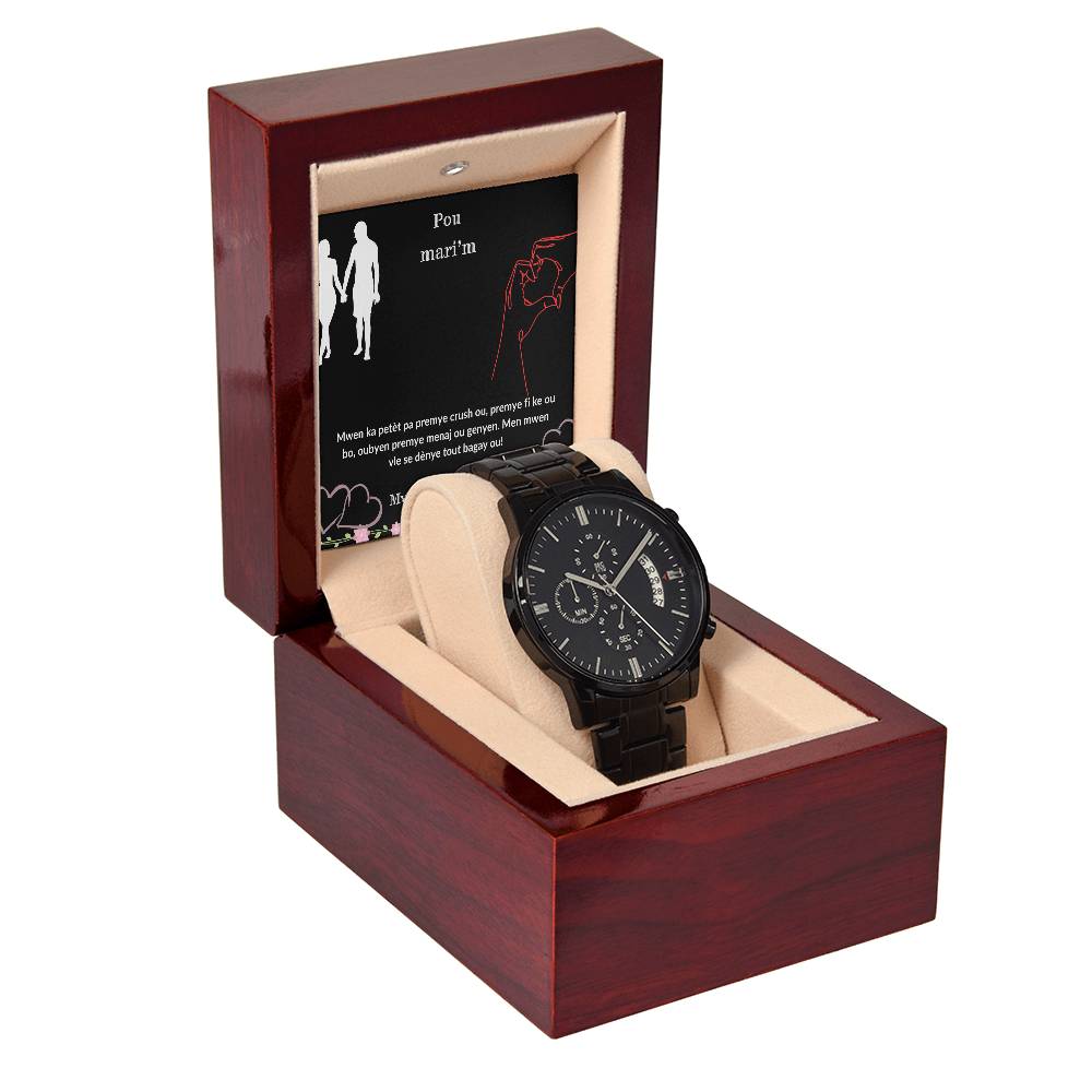 Black Chronograph Watch - A thoughtful present for husband, Dad, Fiance, Boyfriend. Warm his heart with this beautiful piece.