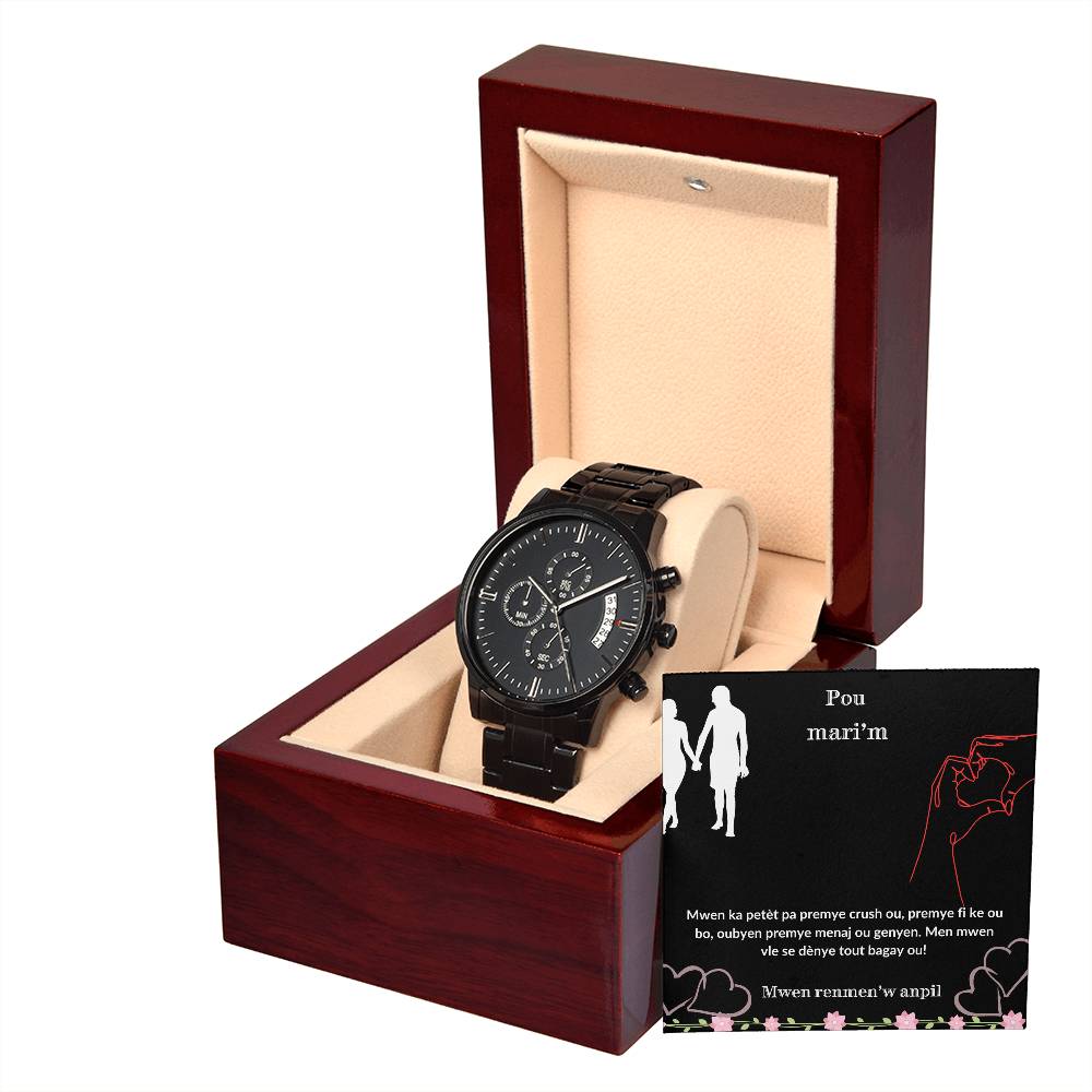 Black Chronograph Watch - A thoughtful present for husband, Dad, Fiance, Boyfriend. Warm his heart with this beautiful piece.