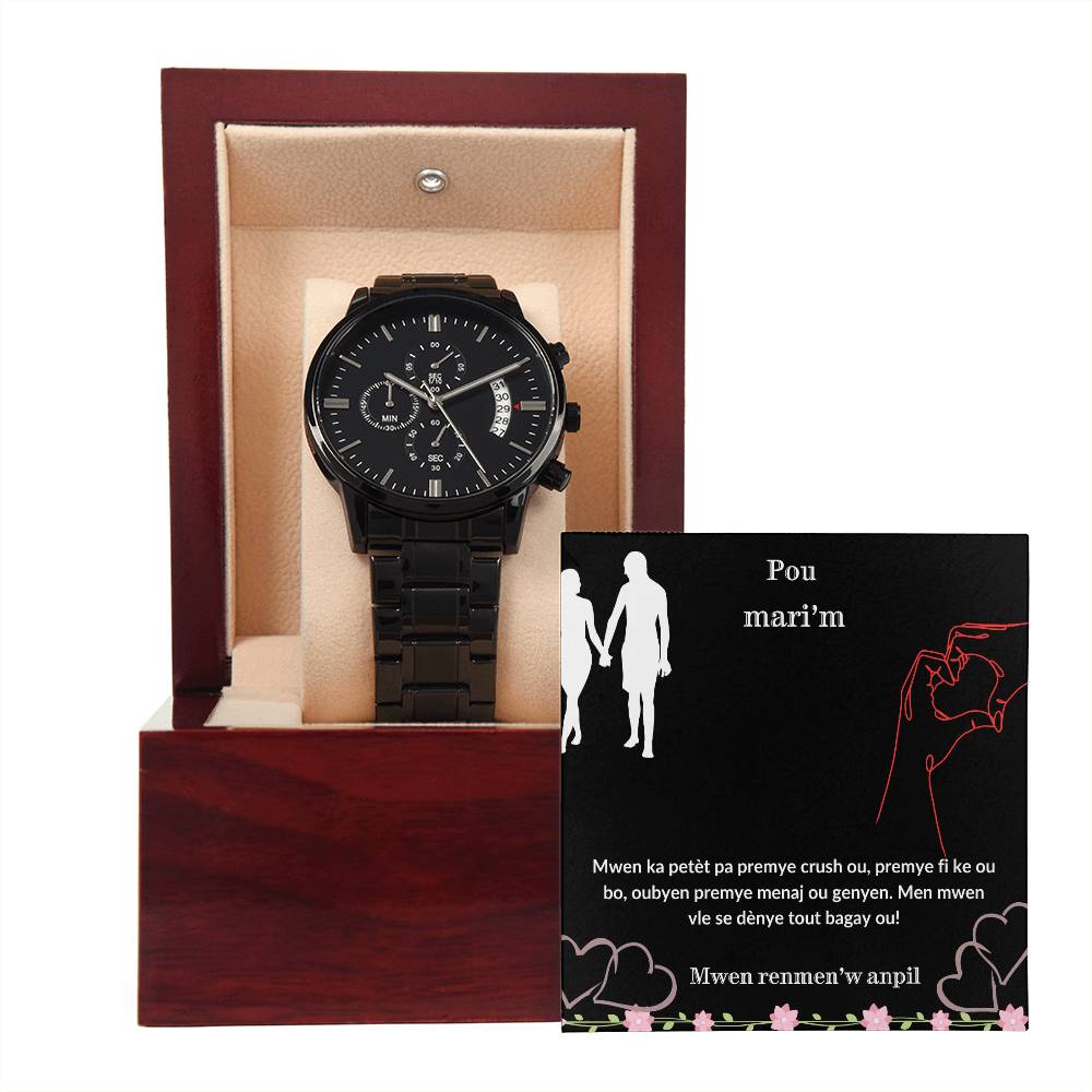 Black Chronograph Watch - A thoughtful present for husband, Dad, Fiance, Boyfriend. Warm his heart with this beautiful piece.